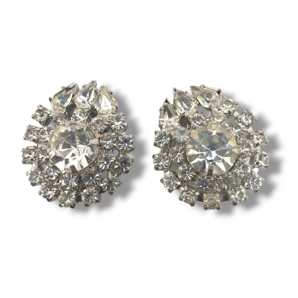 Vintage Garne Silver Tone Rhinestone Cluster Clip On Earrings MCM Glam